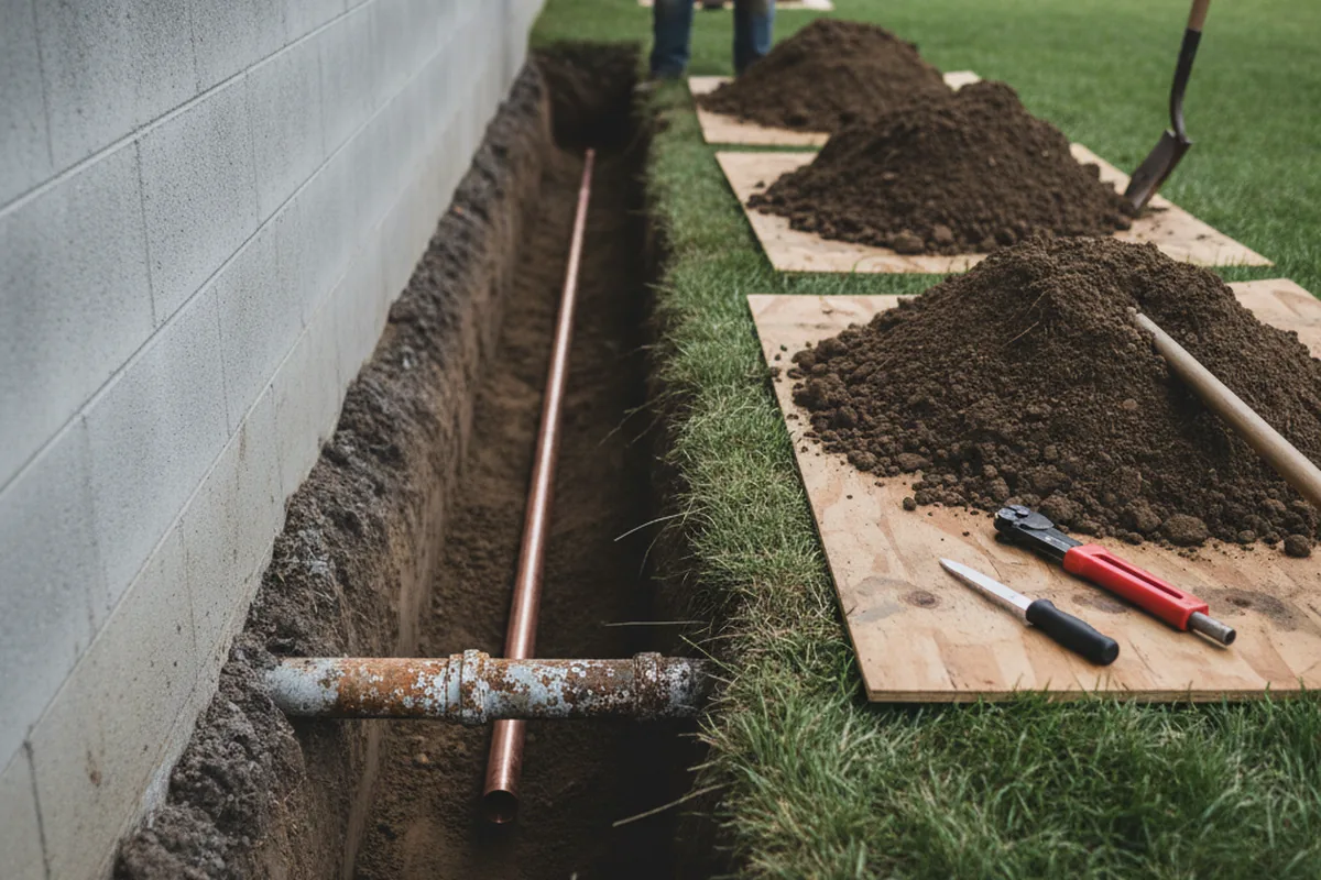 Excavated water line trench during Water Heater Repair in Queensbury